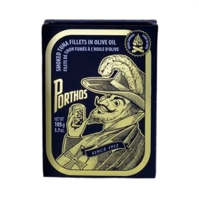 Embalagem de filetes de atum fumado Porthos em azeite azul e dourado