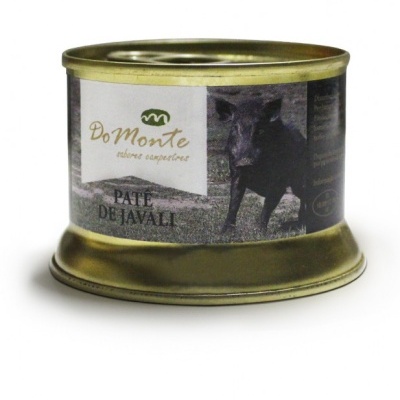 Lata dourada de paté de javali da marca Do Monte com rótulo cinza e branco.