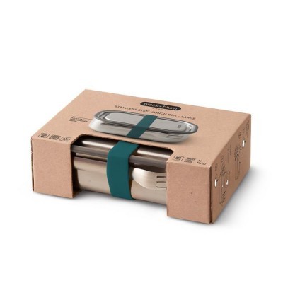 Conjunto de talheres em aço inoxidável numa embalagem de cartão castanho com banda azul