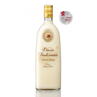 Garrafa de licor branca com rótulo dourado e selo prata Lyon Silver