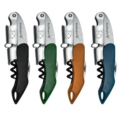 saca-rolhas em quatro cores com partes metálicas e espiral preta