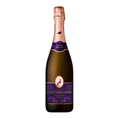 Garrafa de espumante Quinta dos Abibes extra bruto com rótulo roxo e cápsula rosa