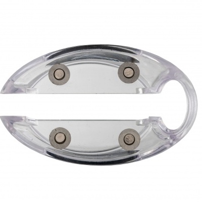 Produto plástico oval transparente com ímanes e abertura em gancho