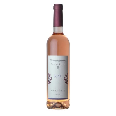 Garrafa de vinho rosé Casa de Paços com rótulo branco e tampa roxa