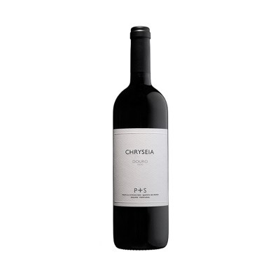 Garrafa de vinho tinto com rótulo branco e texto CHRYSEIA DOURO P+S