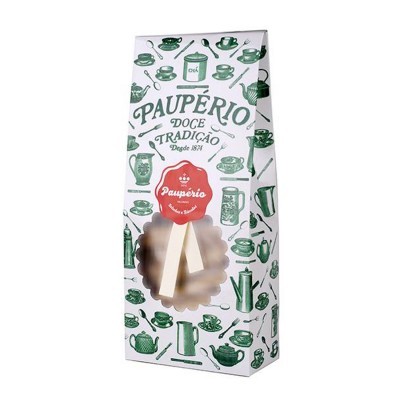 Embalagem branca com ilustrações verdes e bolachas visíveis