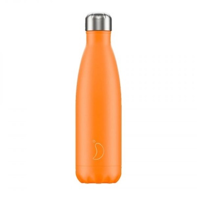 Garrafa térmica laranja com tampa prateada e ícone de pimenta