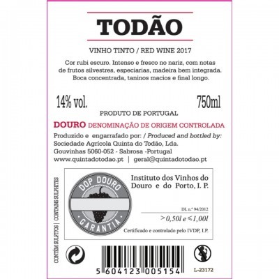 Rótulo de vinho tinto Todão 2017 com detalhes de produção e certificação