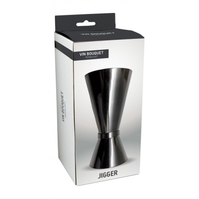 Embalagem branca e preta com jigger de aço inoxidável brilhante