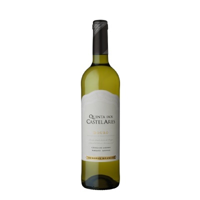 Garrafa de vinho branco Quinta dos Castelares do Douro com rótulo branco e tampa preta