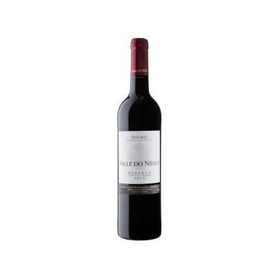 Garrafa de vinho tinto Valle do Nídeo Reserva 2014 com rótulo branco e cápsula vermelha