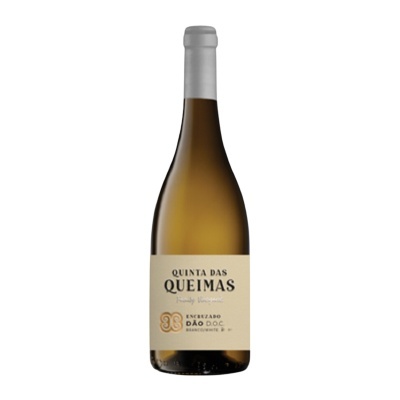 Garrafa de vinho branco Quinta das Quemas com rótulo creme e tampa prateada