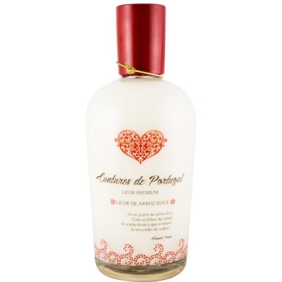 Frasco de licor branco com tampa vermelha e coração vermelho decorativo.