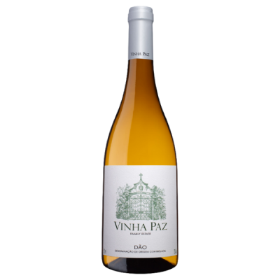 Garrafa de vinho branco Vinha Paz com rótulo branco e tampa prateada