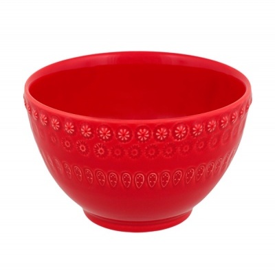 Taça vermelha decorativa com padrões florais em relevo