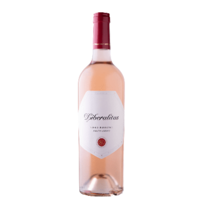 Garrafa de vinho rosé com rótulo branco e tampa rosa