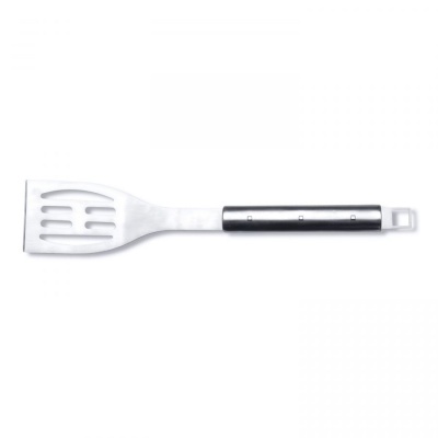 Espátula de cozinha em aço inox com cabo preto e fendas