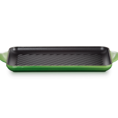 Tabuleiro retangular de grelhados verde com interior preto e pegas laterais
