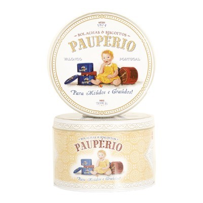 Lata redonda decorativa com ilustração de criança e texto de bolachas Paupério