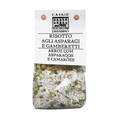 embalagem de risotto com espargos e camarões e etiqueta branca com texto