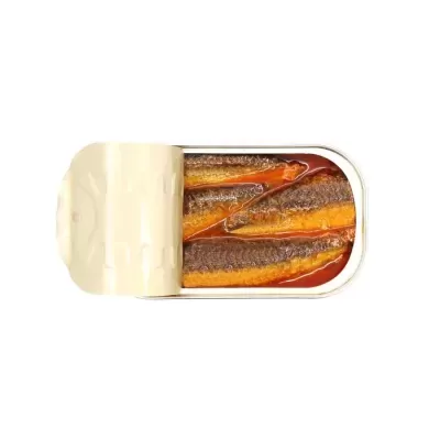 Lata de peixe aberto com filetes em molho vermelho