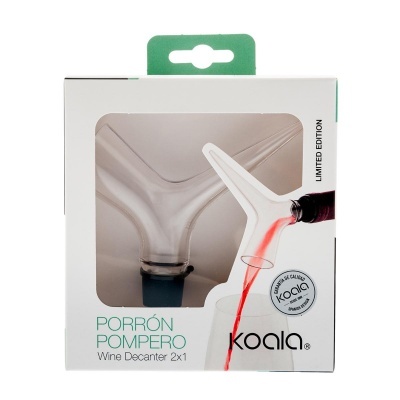 Embalagem de decantador de vinho tipo porrón de vidro transparente com detalhe azul, caixa branca com texto e selo Koala.