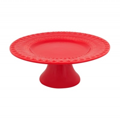 Prato de bolo vermelho com base cónica e borda decorada em relevo
