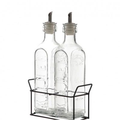 Duas garrafas de vidro com tampa metálica em suporte de metal preto