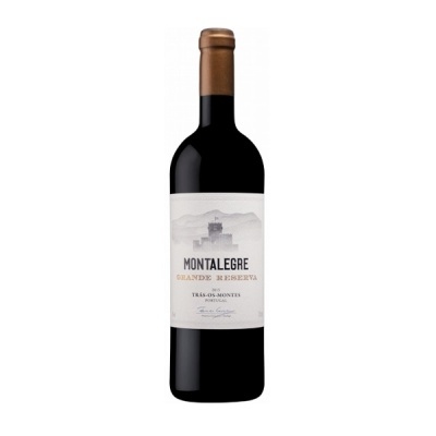 Garrafa de vinho tinto Monallegre Grand Reserva com rótulo branco e tampa bronze