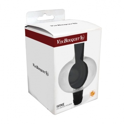 Embalagem branca e vermelha com aerador de vinho preto da Vin Bouquet