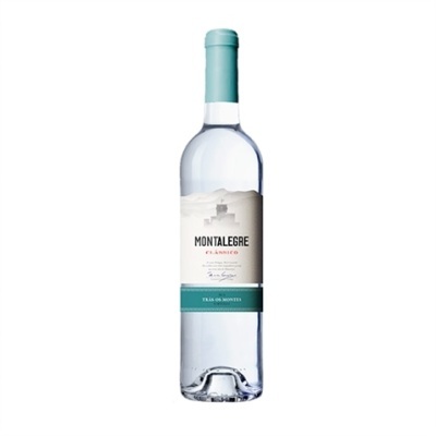 Garrafa de vinho branco Montalegre com tampa azul e rótulo branco e verde