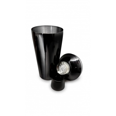 Conjunto de coqueteleira preta de metal com tampa e peneira