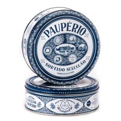 Lata redonda azul e branca de sortido Paupério com design vintage