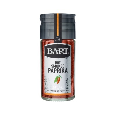Frasco de paprika fumada picante BART com etiqueta branca e tampa preta