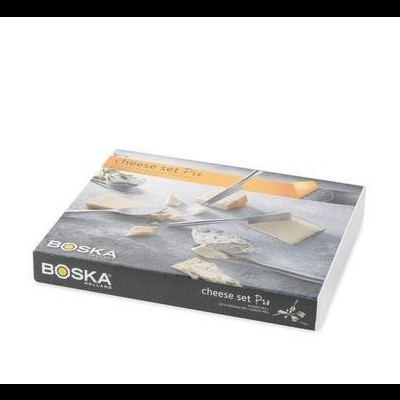 Conjunto para queijo BOSKA em caixa preta com imagem de tábuas de queijo e faca