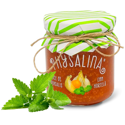 Frasco de compota de physalis com hortelã e folhas verdes ao lado