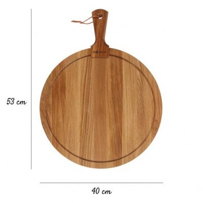 Tábua de madeira redonda com alça e ranhura circular para líquidos