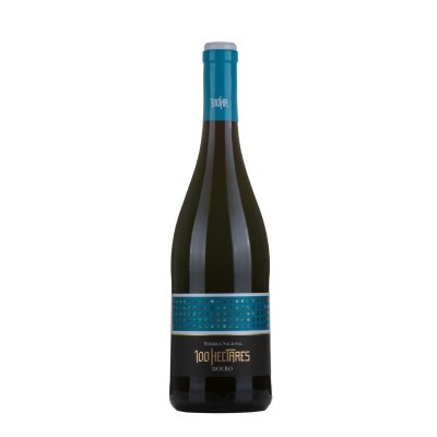 Garrafa de vinho tinto 100 HECTARES Douro com rótulo azul e preto