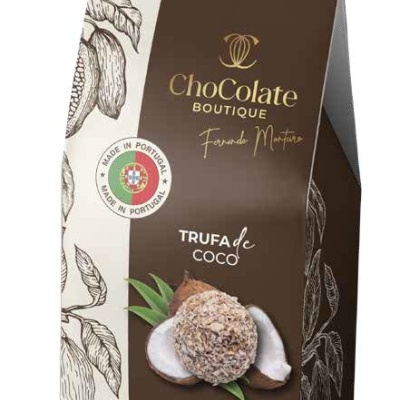 Embalagem de chocolate trufa de coco com selo Made in Portugal