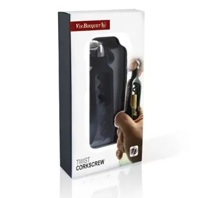 Embalagem de saca-rolhas preto da marca Vin Bouquet com janela transparente