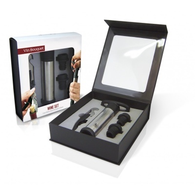 Conjunto de vinho Vin Bouquet com saca-rolhas e rolhas em caixa preta e embalagem branca.