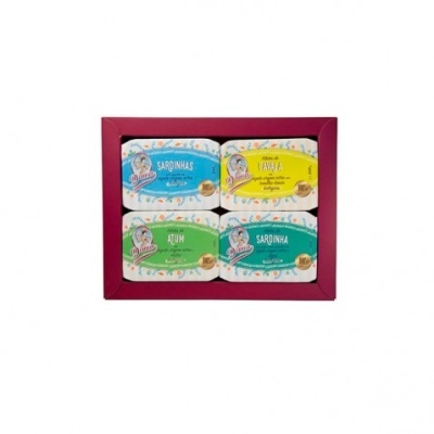 Conjunto de quatro latas de conserva coloridas em caixa vermelha