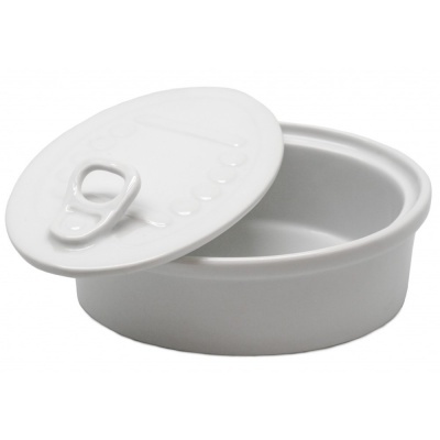 Recipiente redondo branco com tampa e lingueta para abrir