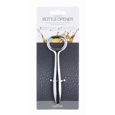 Abridor de garrafas metálico prateado em embalagem preta e branca com texto