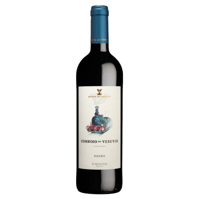 Garrafa de vinho tinto Comboio do Vesúvio, rótulo branco com imagem de comboio