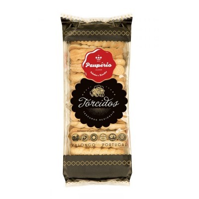 Pacote de biscoitos torcidos Pauperio com rótulo vermelho e preto