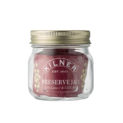 Frasco de vidro Kilner Reserve Jar com tampa dourada e rótulo vermelho