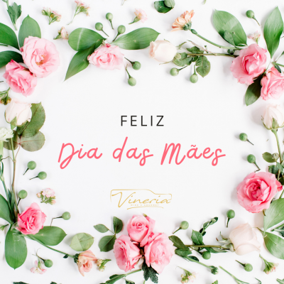 Flores rosas, brancas e verdes dispostas em moldura com texto FELIZ Dia das Mães, Vineria em amarelo, fundo branco