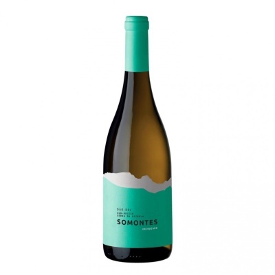 Garrafa de vinho branco com rótulo verde água e branco e cápsula verde água