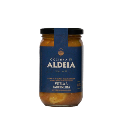 Frasco de vidro com rótulo azul de carne de vitela jardineira